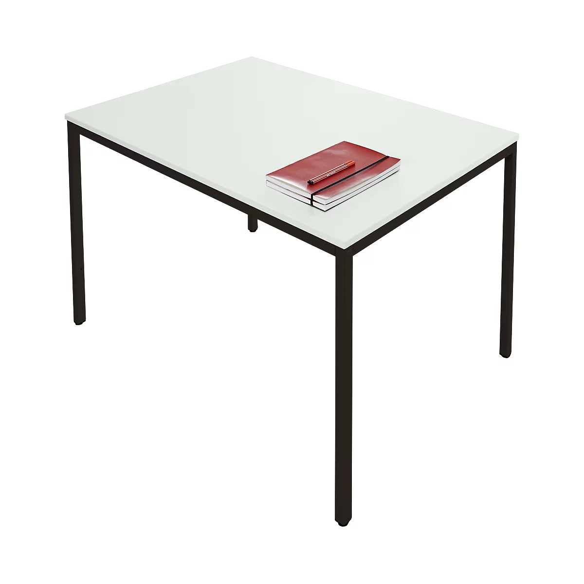 White table with black legs and a red notebook.