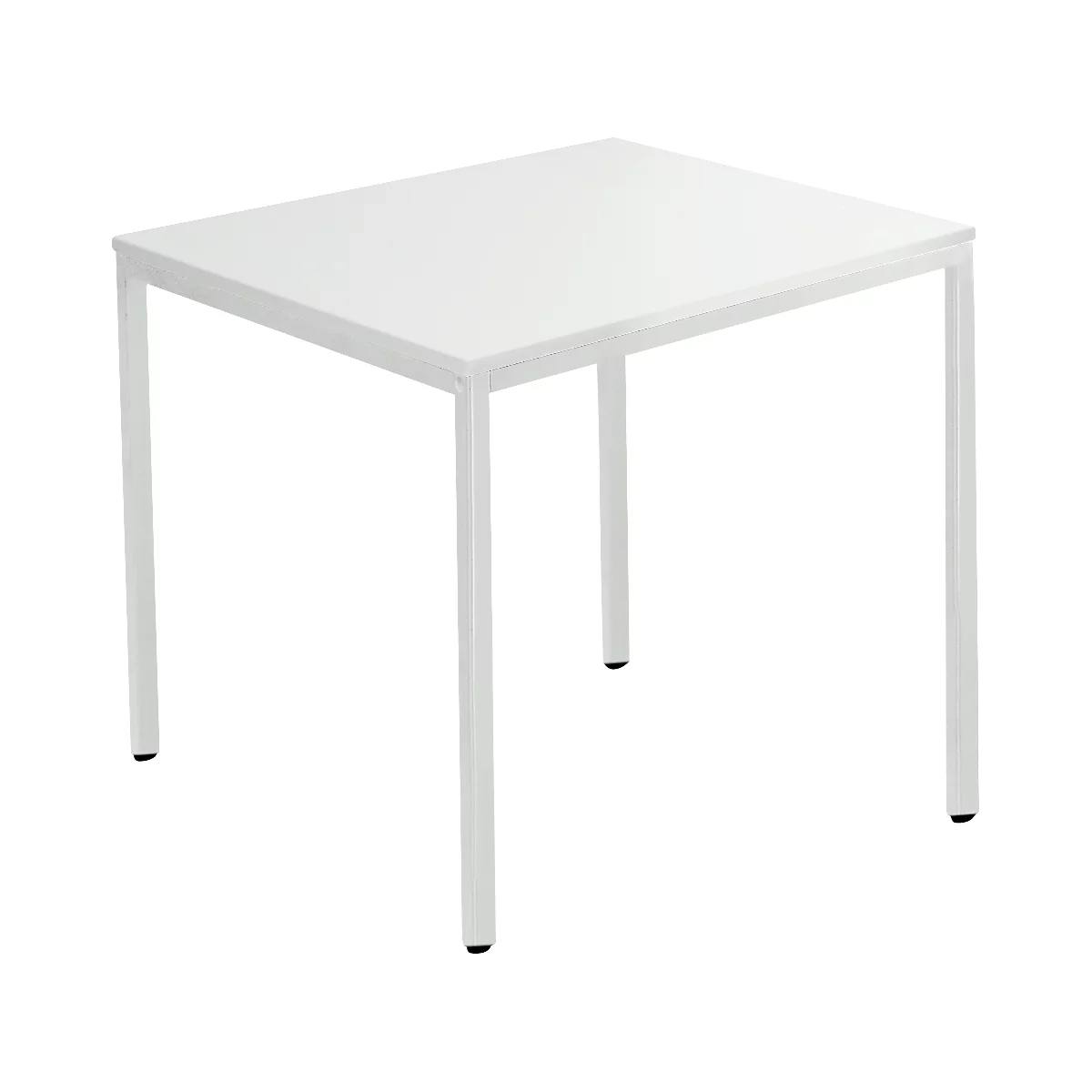 Square white table with four slender legs.