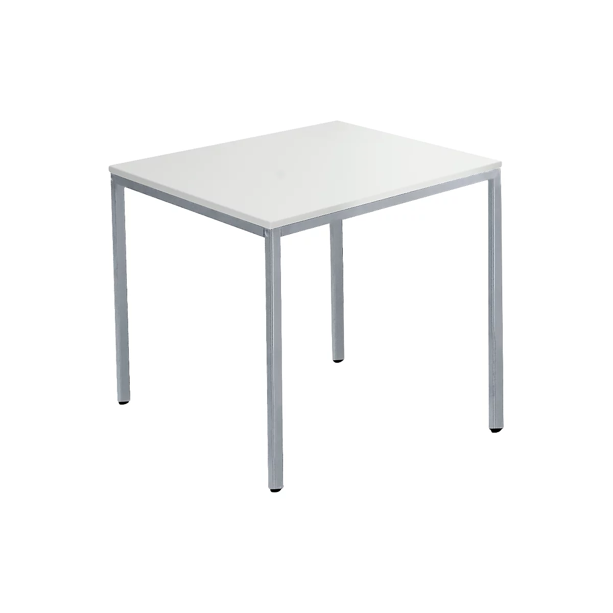 Square table, white tabletop, silver metal legs.