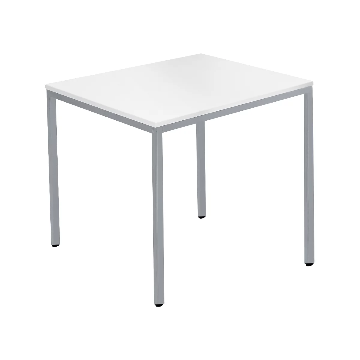 A square, white table with silver legs. Black plastic glides are attached to the feet.