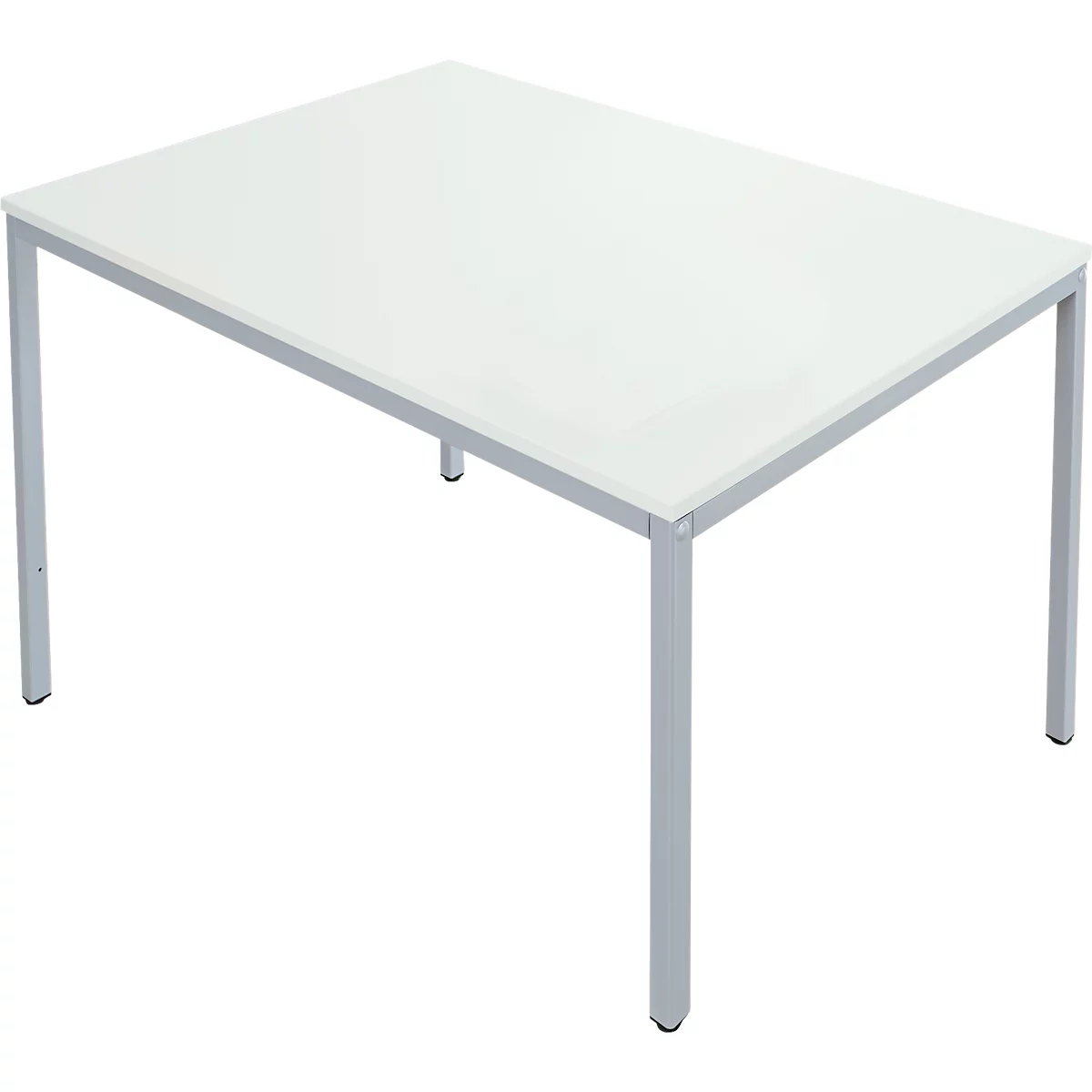 White table with metal legs. The tabletop is rectangular, the legs are cylindrical.