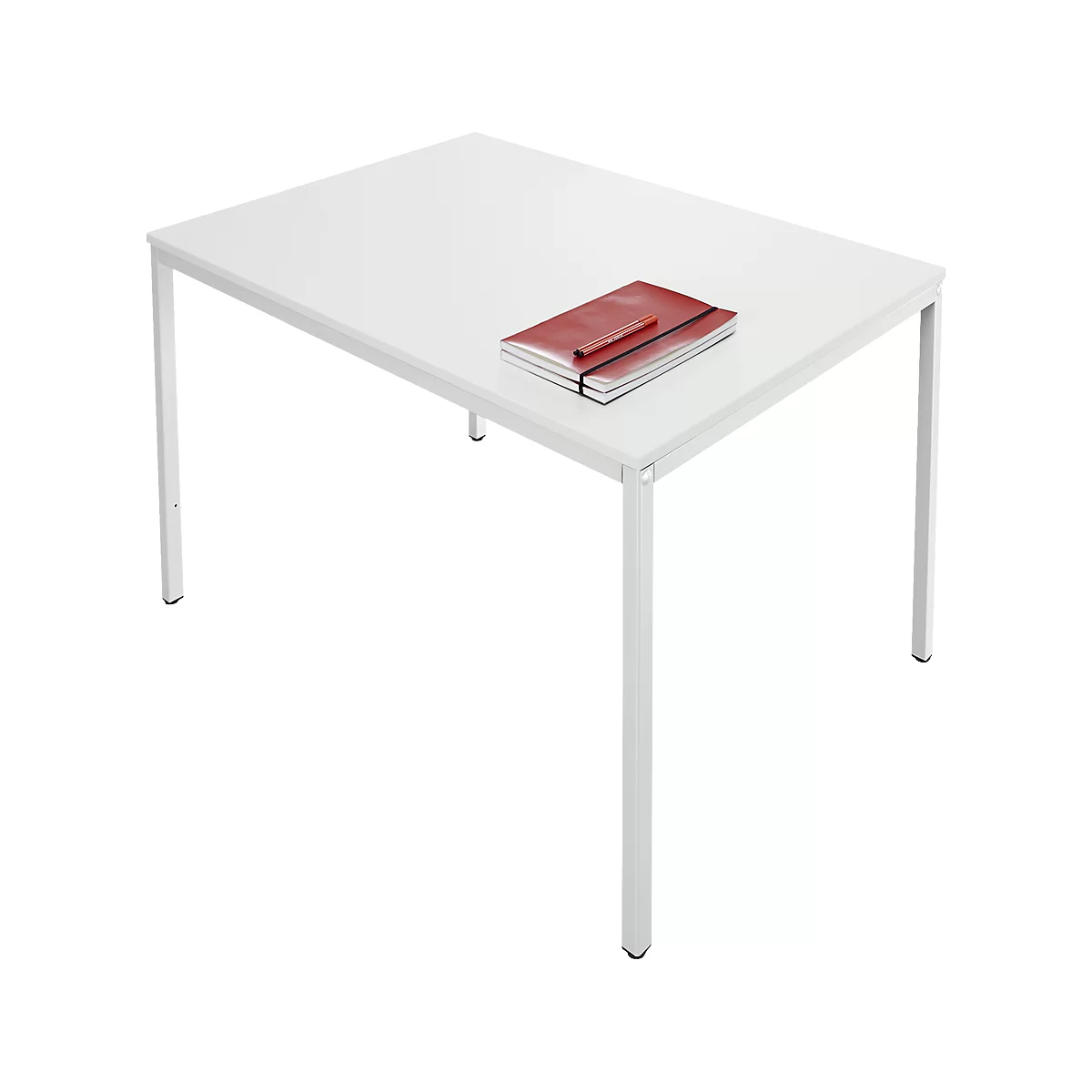 White table with red notebooks. Rectangular tabletop, metal legs.