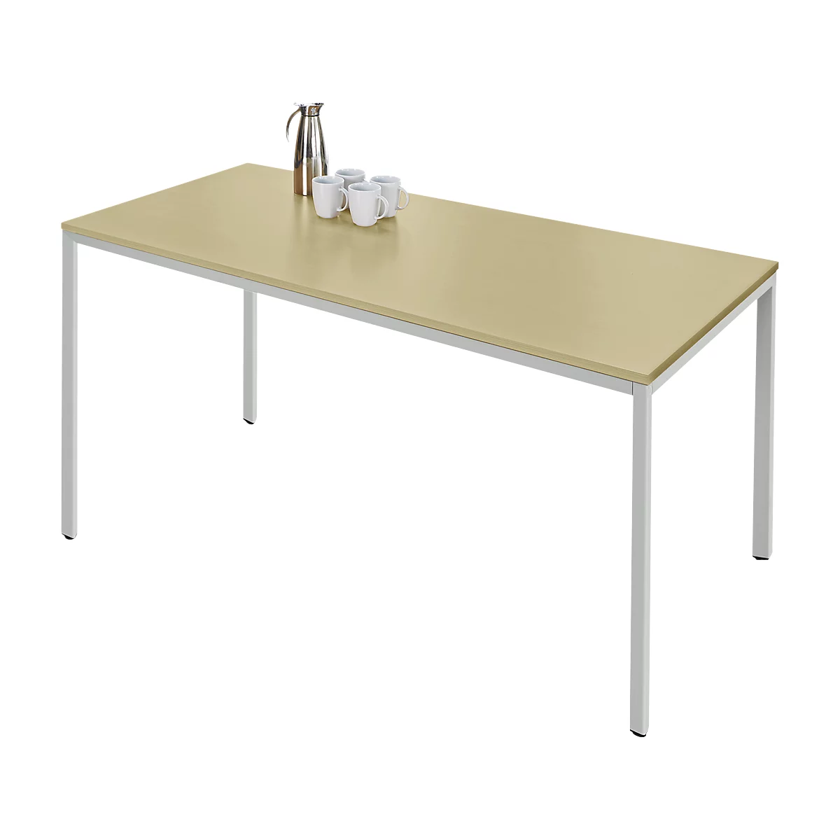 A rectangular table with light wood veneer, four white cups and a silver thermos.