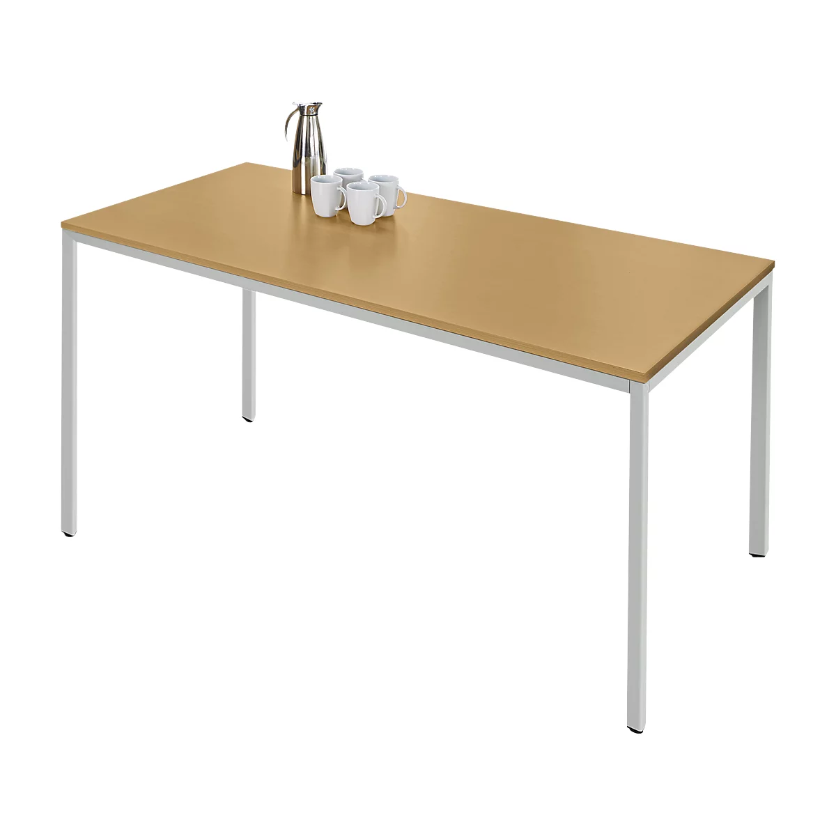 A rectangular light table with silver legs, a jug and cups.