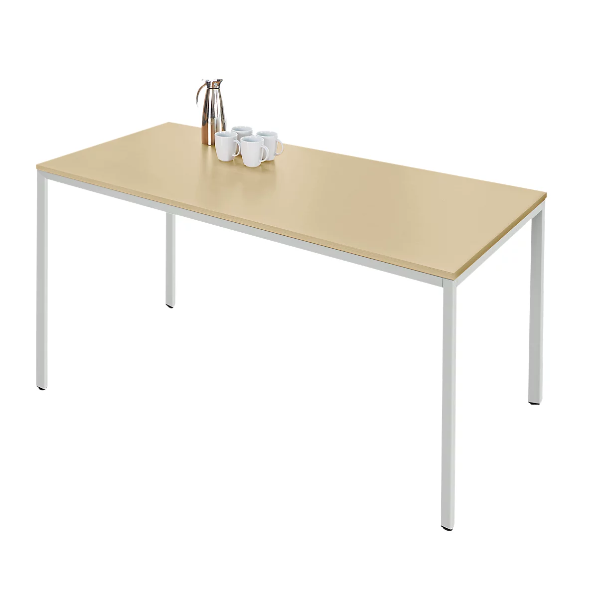 A rectangular table with light wood veneer, white metal frame. Coffee pot and cups on the table.