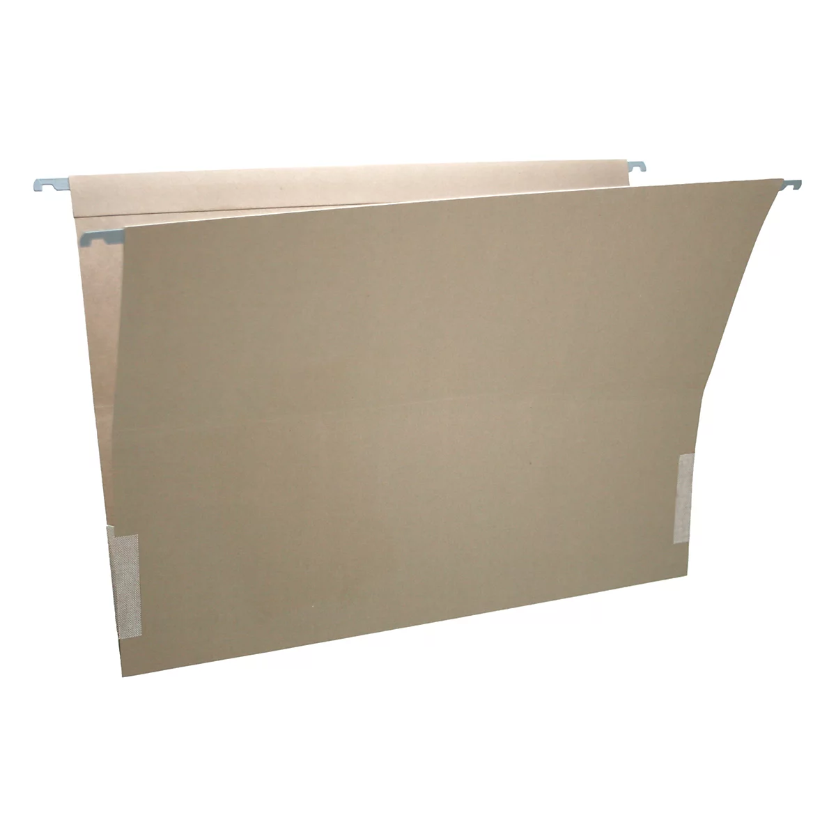 Opened cardboard hanging file with metal holder.