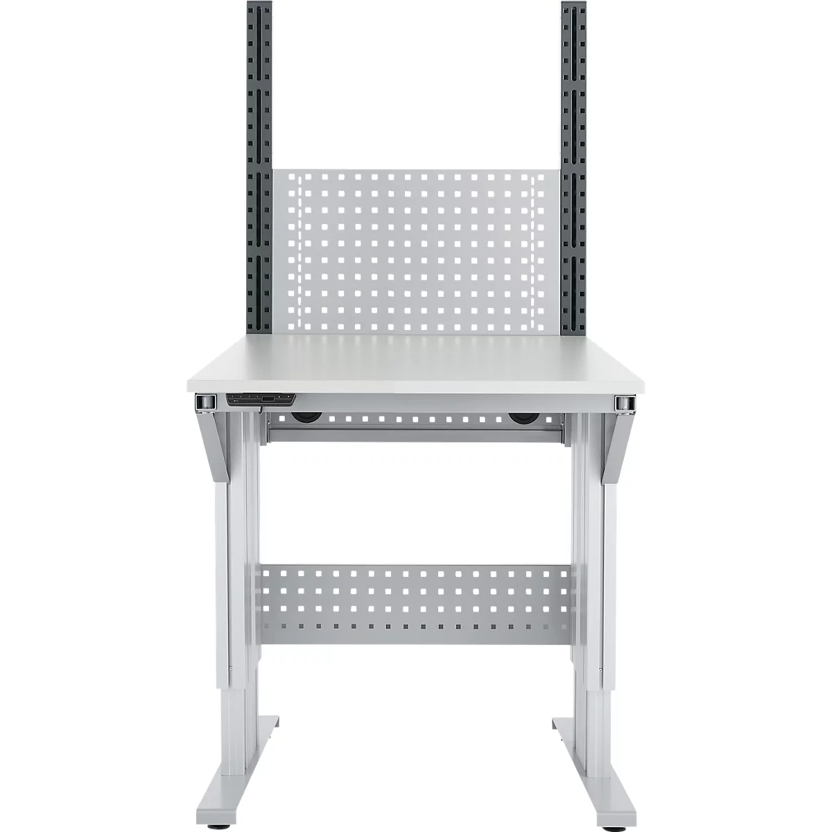 Schäfer Shop Pure Table de travail AST31, réglage électrique de la hauteur, plateau en mélamine, pied en T, jusqu'à 400 kg, L 750 x P 800 x H 725-1155 mm, blanc-aluminium/gris clair
