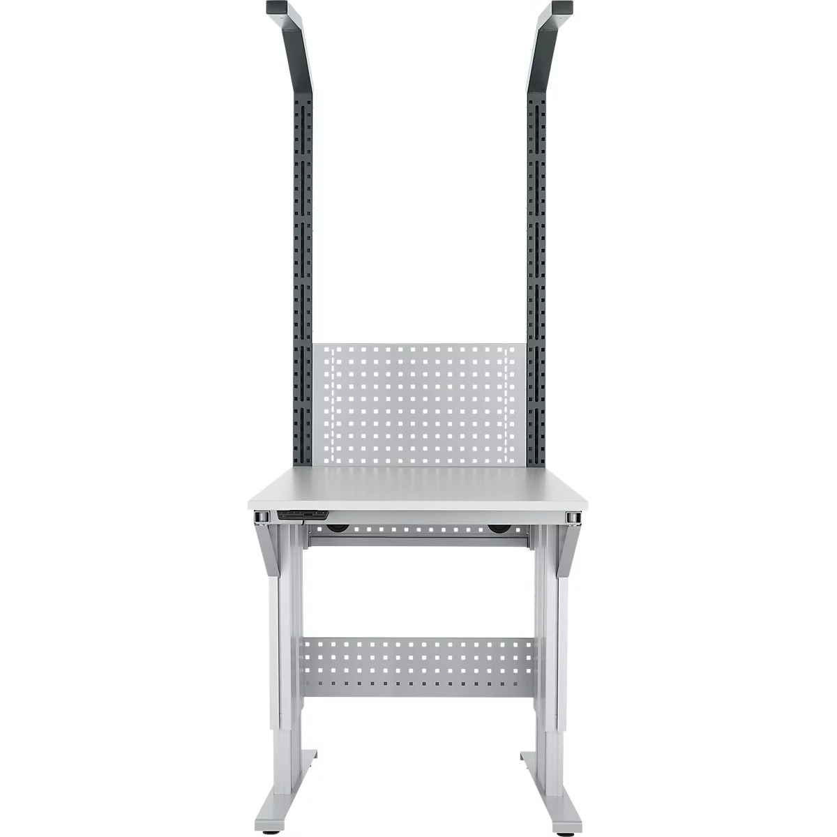 Schäfer Shop Pure Table de travail AST31, réglage électrique de la hauteur, plateau en mélamine, pied en T, jusqu'à 400 kg, L 750 x P 800 x H 725-1155 mm, blanc-aluminium/gris clair