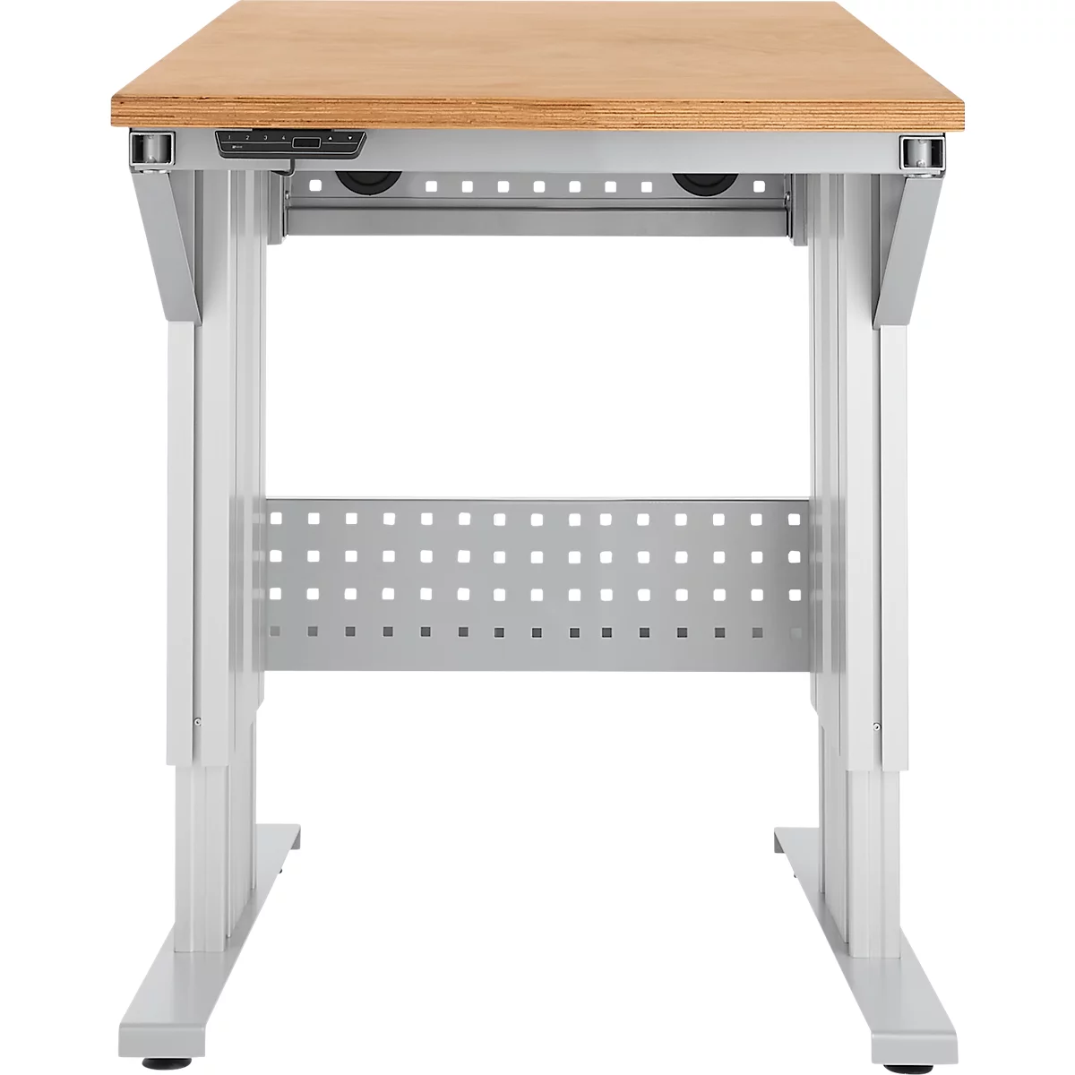 Schäfer Shop Pure Table de travail AST31, réglage électrique de la hauteur, plateau en multiplex, pied en T, jusqu'à 400 kg, L 750 x P 800 x H 730-1155 mm, aluminium blanc/hêtre