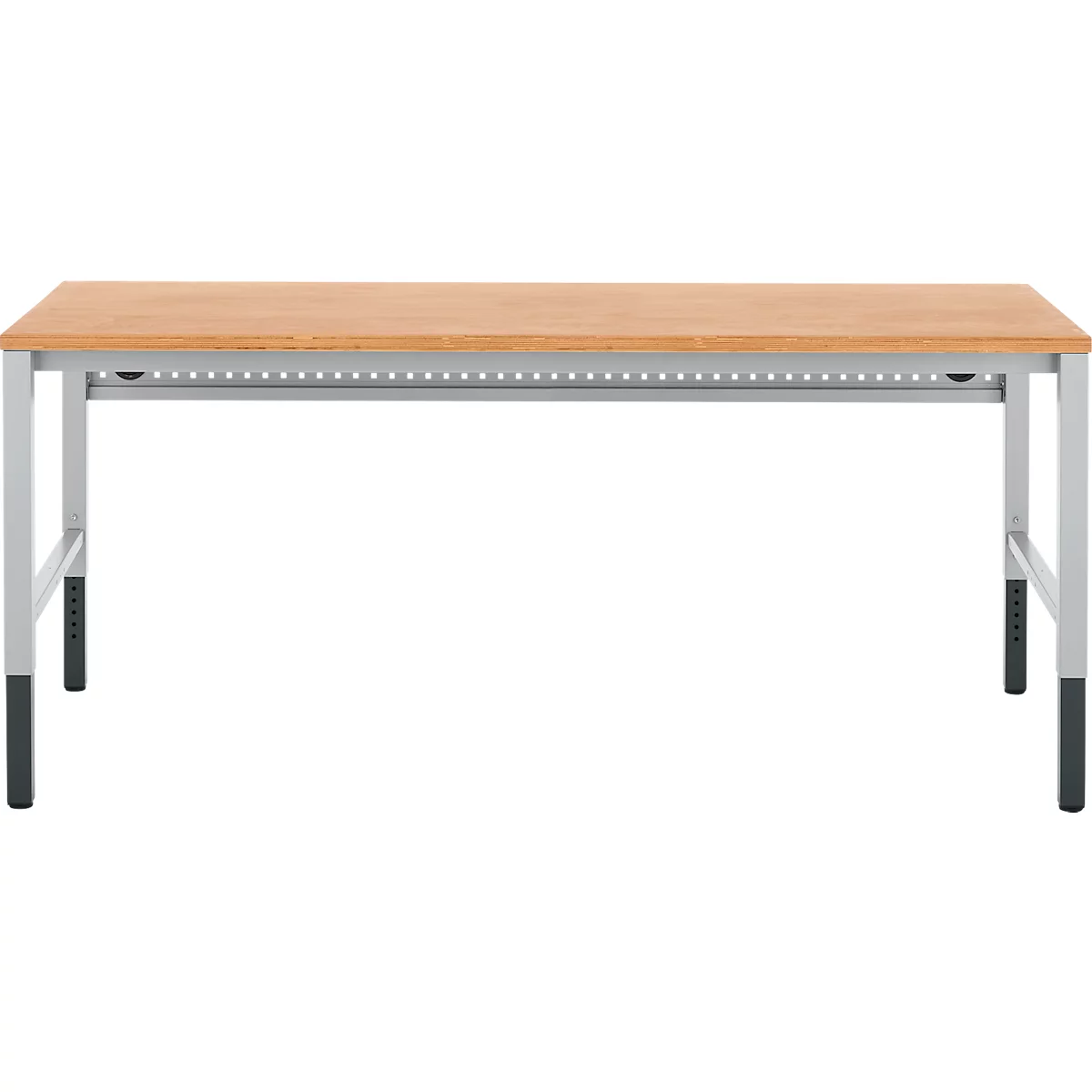 Schäfer Shop Pure Table de travail AST31, réglage manuel de la hauteur, plateau multiplex, 4 pieds, jusqu'à 500 kg, L 2000 x P 800 x H 805-1035 mm, aluminium blanc/hêtre