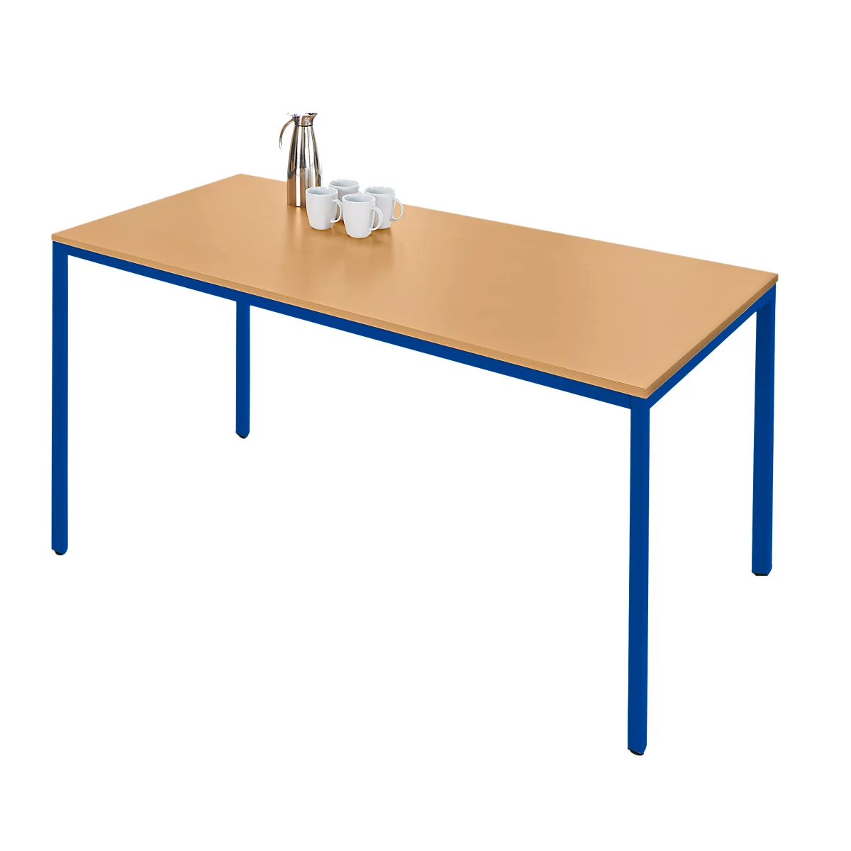 Schäfer Shop Pure Table rectangulaire en tube d'acier, pied en tube carré, L 1600 x P 690 x H 720 mm, hêtre/bleu de gentiane
