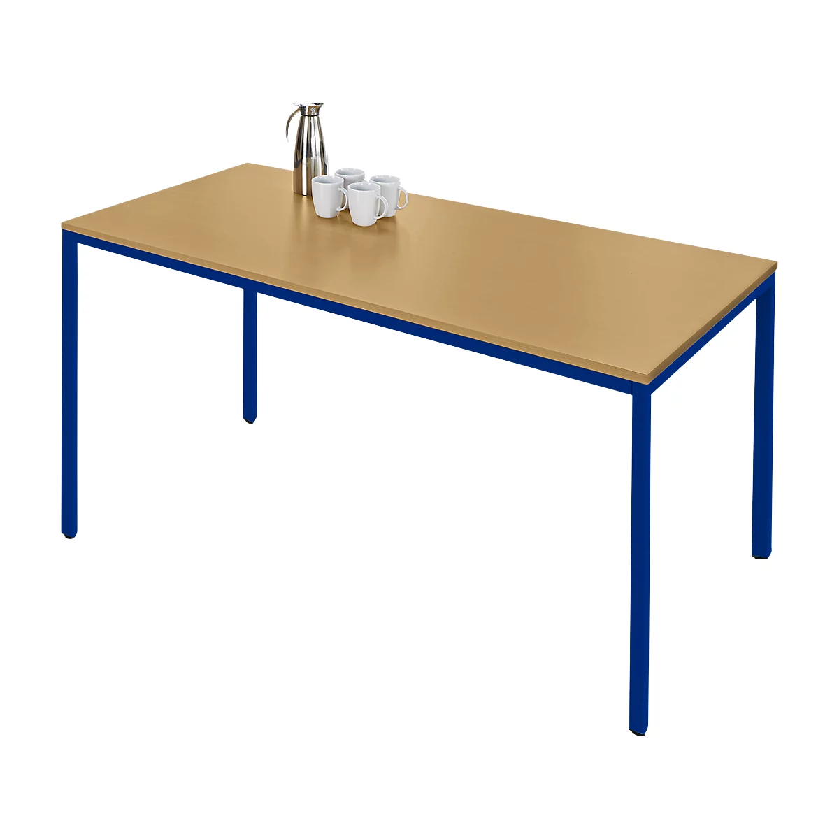 Schäfer Shop Pure Table rectangulaire en tube d'acier, pied en tube carré, L 1600 x P 700 x H 720 mm, hêtre/bleu gentiane