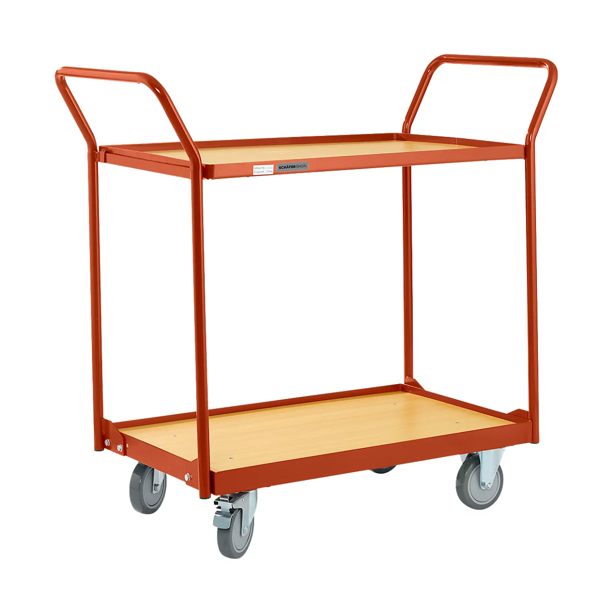 A red transport cart with two levels and wooden shelves on a gray base. The cart has four wheels.