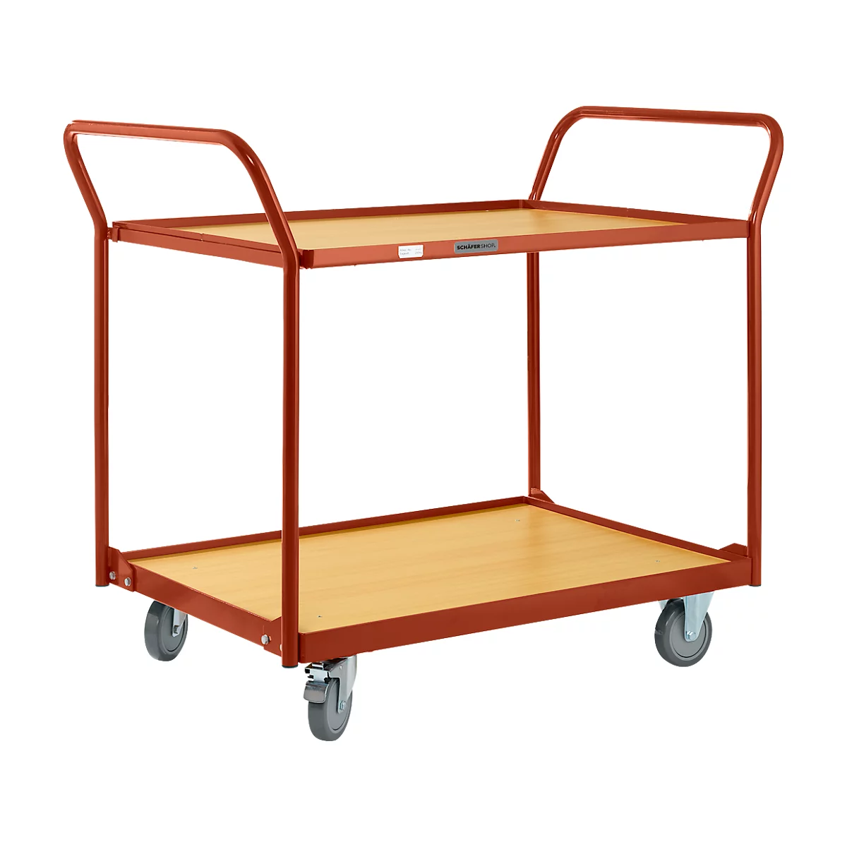 A two-tiered red serving cart with wooden shelves, equipped with wheels.