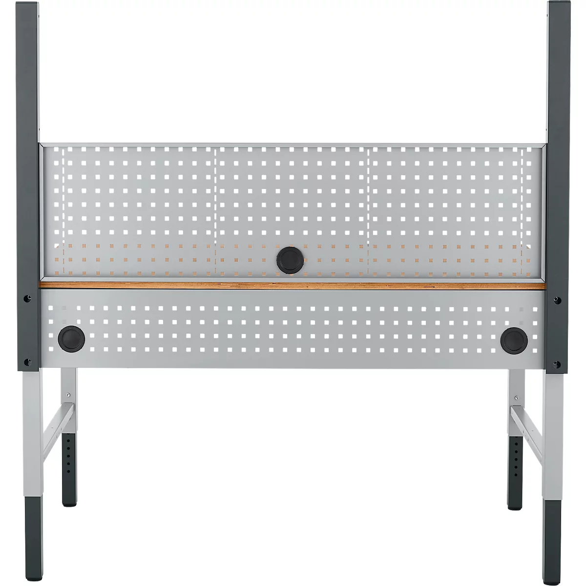 Werkbank met geperforeerd paneel en in hoogte verstelbare poten, in grijs en houtlook.