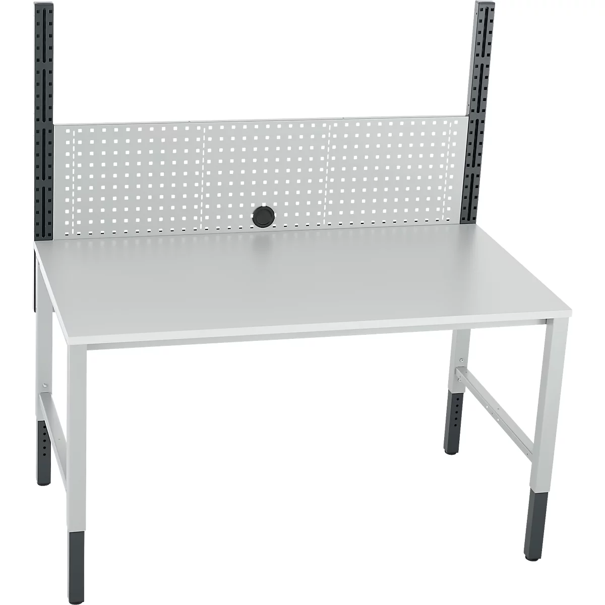 Witte bureau met grijze poten en een scheidingswand. De scheidingswand heeft horizontale groeven. De afbeelding toont de zijaanzicht.