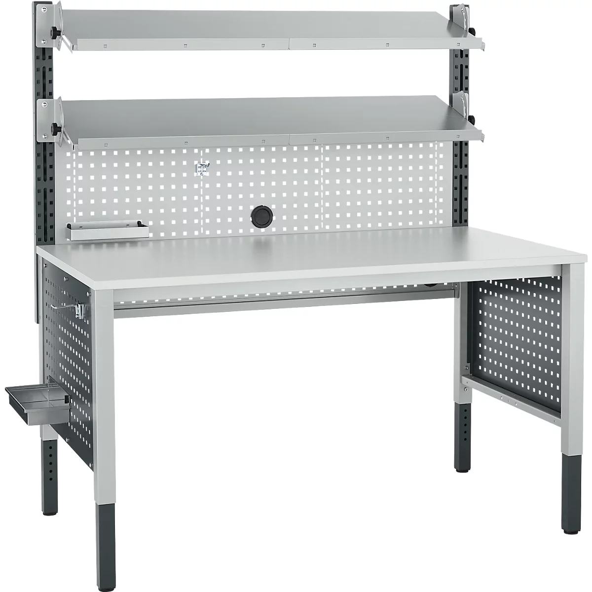 Een witte werkbanktafel met planken, gaatjesbord en grijze poten tegen een witte achtergrond.