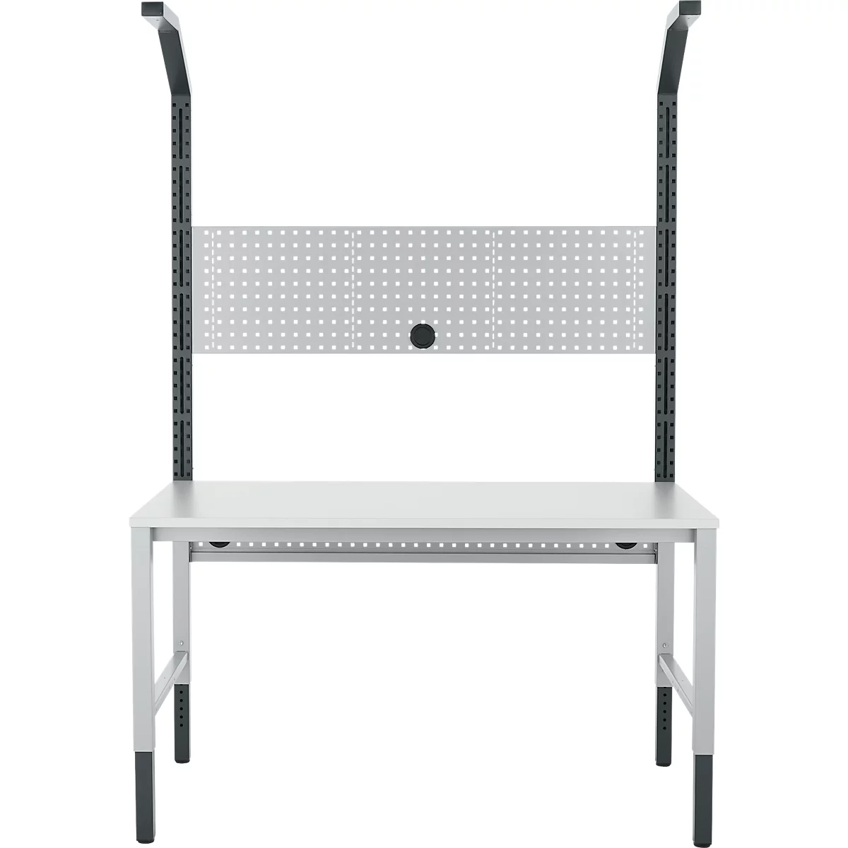 Werkbank met pegboard en metalen frame, wit en grijs. Het pegboard is geperforeerd en heeft een zwarte knop.