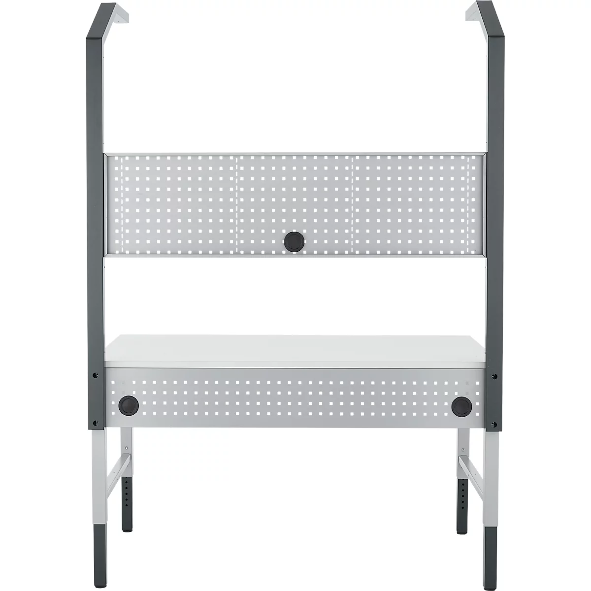 Een witte tafel met geperforeerde metalen oppervlakken en grijze frames. Boven, twee bogen die naar beneden doorlopen, aan beide kanten van de tafel.