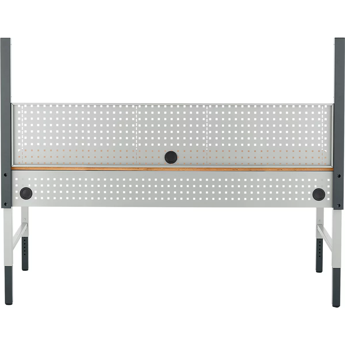 Grijs metalen verhoogde plantenbak met een geperforeerd patroon en grijze hoekpalen. Vier poten, in hoogte verstelbaar.