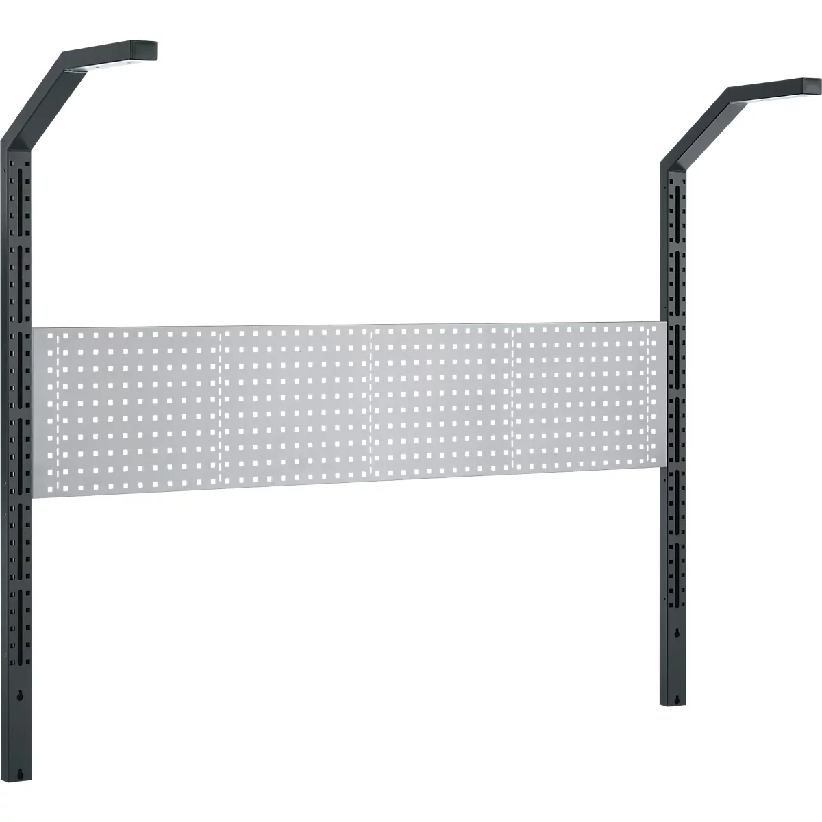 Grijze metalen constructie met geperforeerd paneel, bestaande uit twee verticale kolommen met horizontale afwerking.