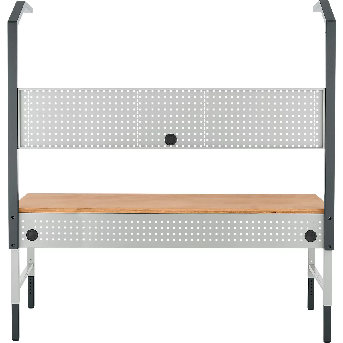 Grijze bureau met geperforeerde rug, tegen een witte achtergrond. Twee lampen bovenop. De poten zijn in hoogte verstelbaar.