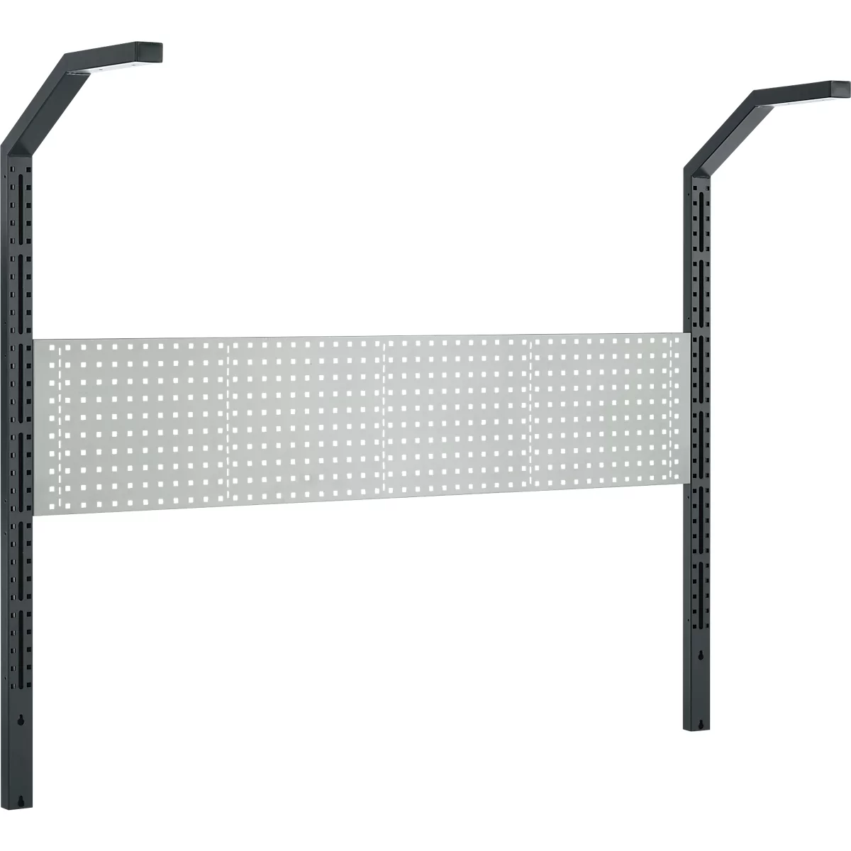 Grijs stalen frame met geperforeerd plaatstaal. Rechthoekige vorm, twee palen met verlichting. Tussen de palen is geperforeerd plaatstaal bevestigd.