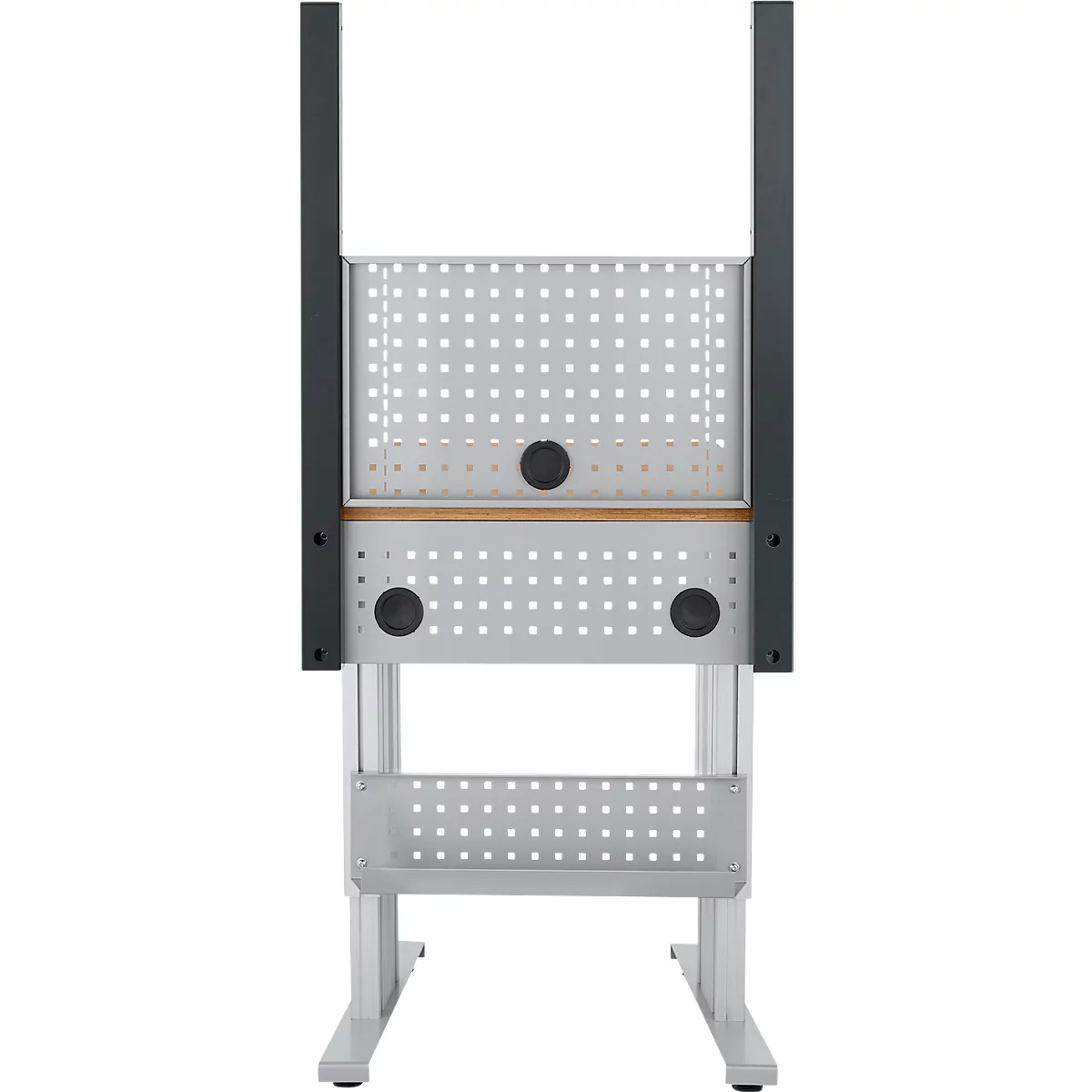 Werkbank met geperforeerde metalen platen en zwarte knoppen. Grijze steunen met zwarte frame-elementen.