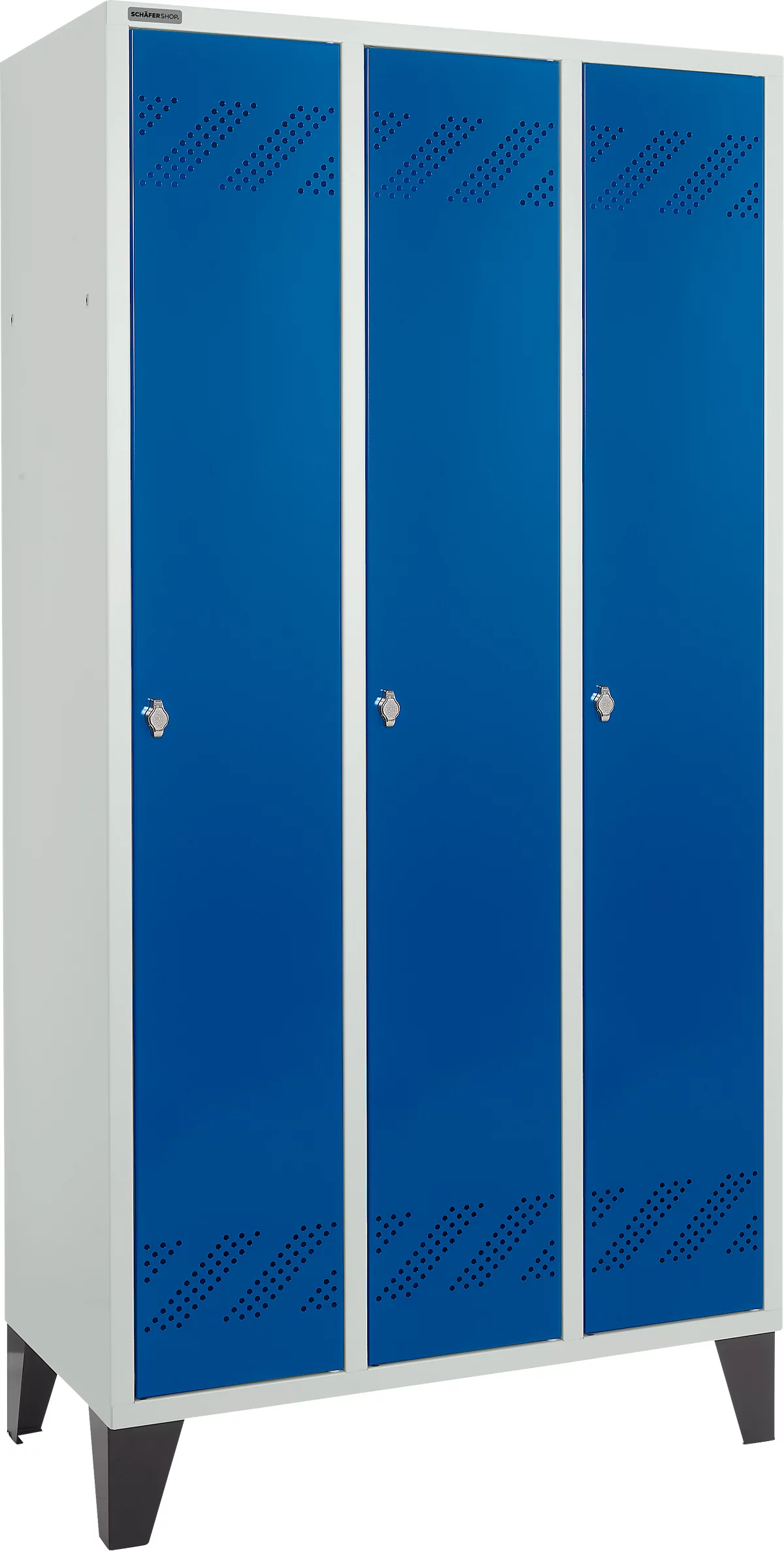 Schäfer Shop Pure Taquilla, 3 compartimentos, cierre de pasador giratorio, gris luminoso/azul genciana