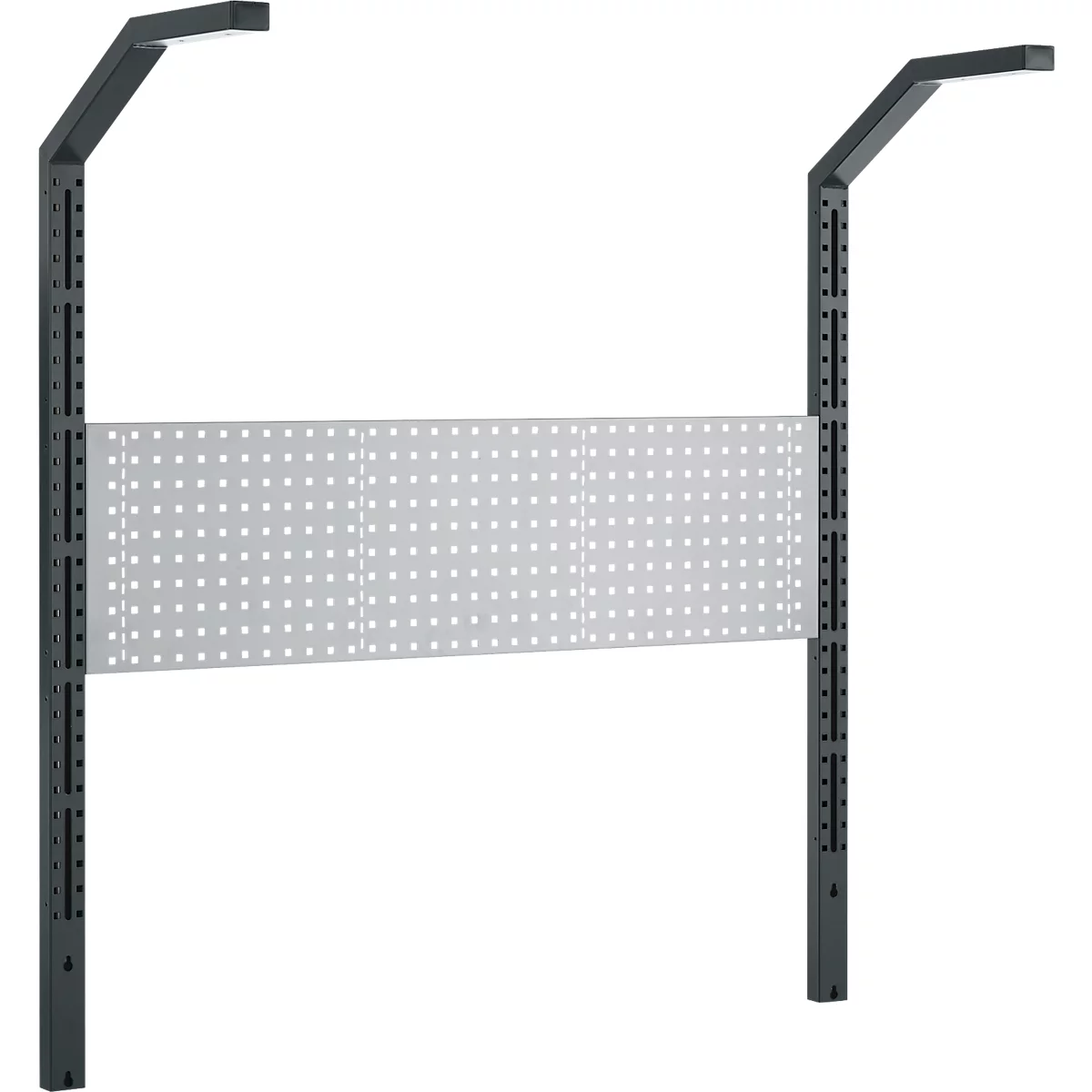 Schäfer Shop Pure Tischaufbau für Arbeitstische AST31, 2 x Aufbausäulen, 1 x Lochwand, B 1500 x H 1615 mm, Stahl, anthrazitgrau/weißaluminium