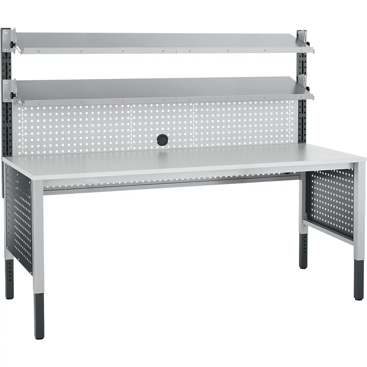 Schäfer Shop Pure Tischaufbau für Arbeitstische AST31, 2 x Aufbausäulen, 1 x Lochwand, B 2000 x H 1035 mm, Stahl, anthrazitgrau/weißaluminium