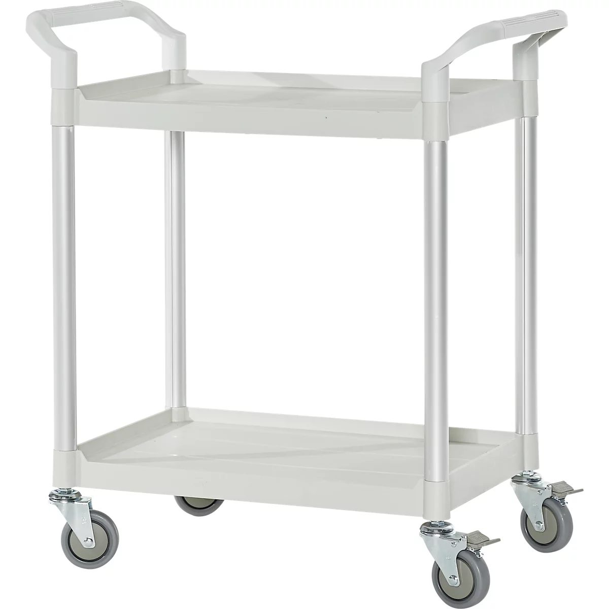 Schäfer Shop Pure Tischwagen, 2 Etagen, bis 200 kg, 2 Schiebebügel, Lenkrollen, Aluminium & Kunststoff, L 850 x B 480 x H 950 mm, Etagen lichtgrau