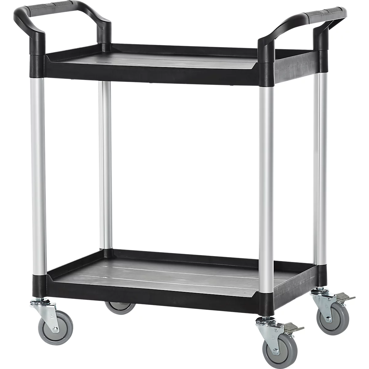 Schäfer Shop Pure Tischwagen, 2 Etagen, bis 200 kg, 2 Schiebebügel, Lenkrollen, Aluminium & Kunststoff, L 850 x B 480 x H 950 mm, Etagen schwarz