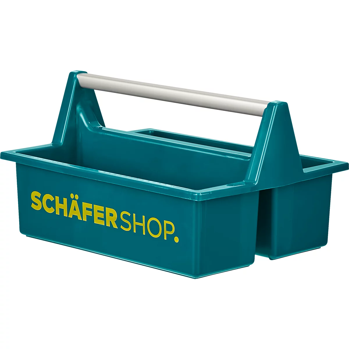 Türkisfarbene Werkzeugkiste mit Griff und Aufschrift SCHÄFERSHOP.