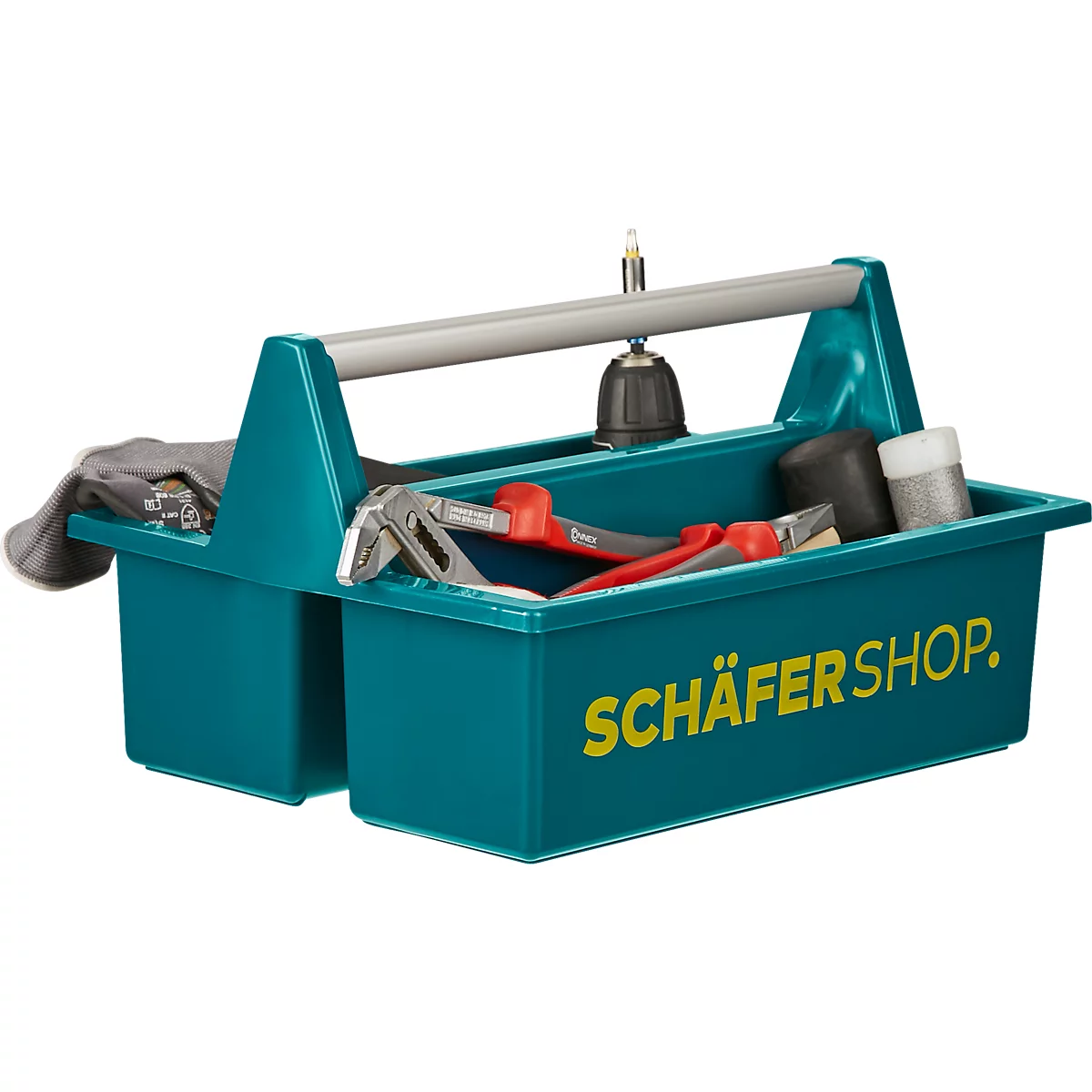 Türkisgrüner Werkzeugkasten mit Werkzeugen, Tragegriff und gelbem Schriftzug: SCHÄFERSHOP.