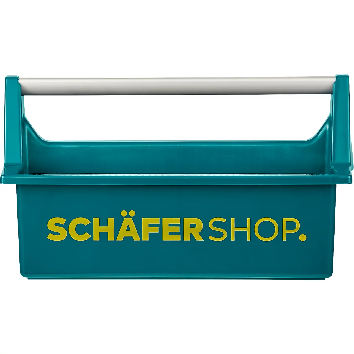 Türkisgrüner Werkzeugkasten mit weissem Griff. Gelber Schriftzug: SCHÄFER SHOP.