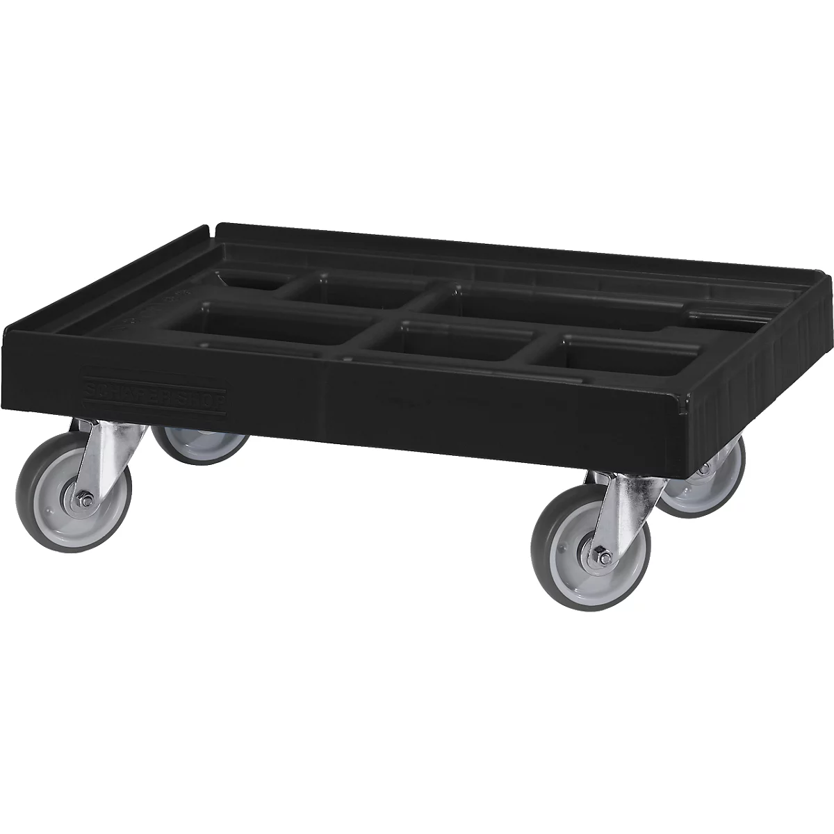 Black transport cart with four wheels, standing on a white background.