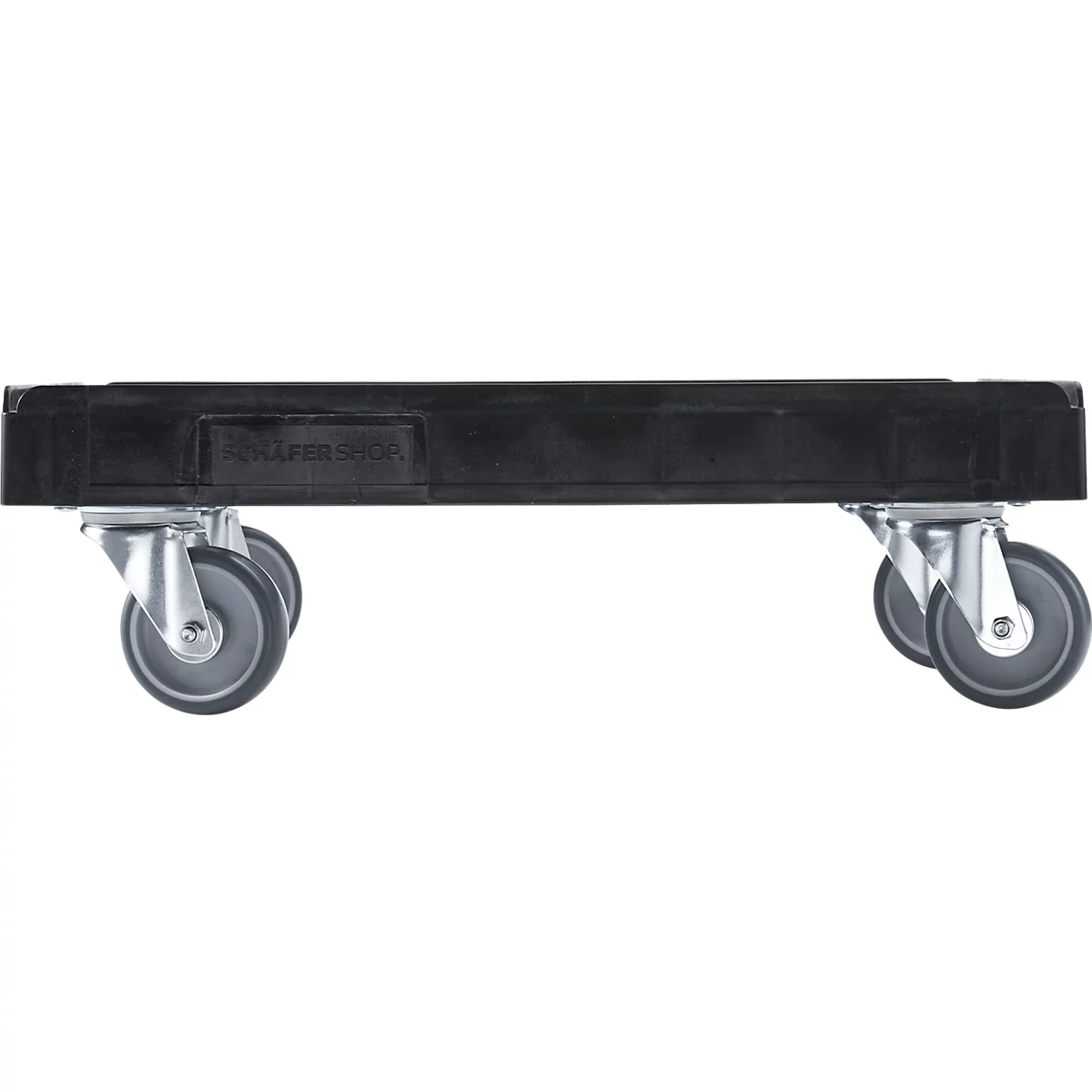 Black transport platform with four dual casters.