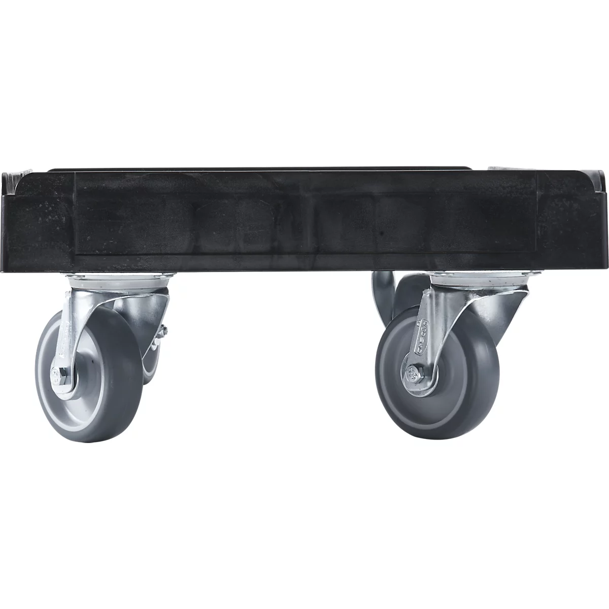 Black transport platform with four silver-colored castors, detail shot.
