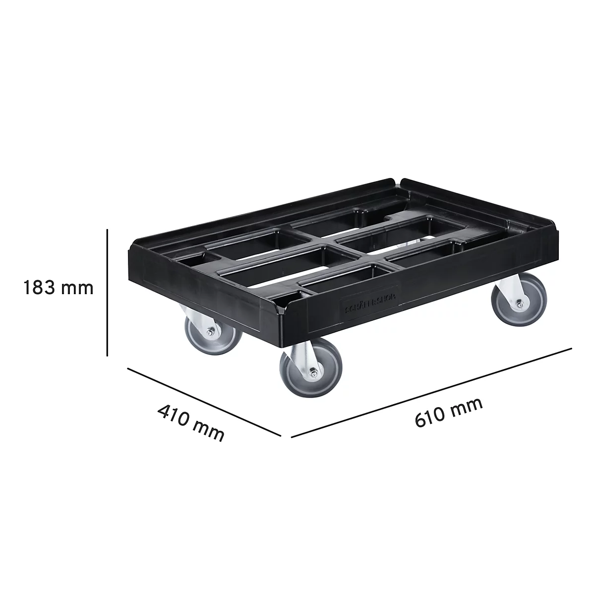 Black transport trolley with four wheels, with dimensions.