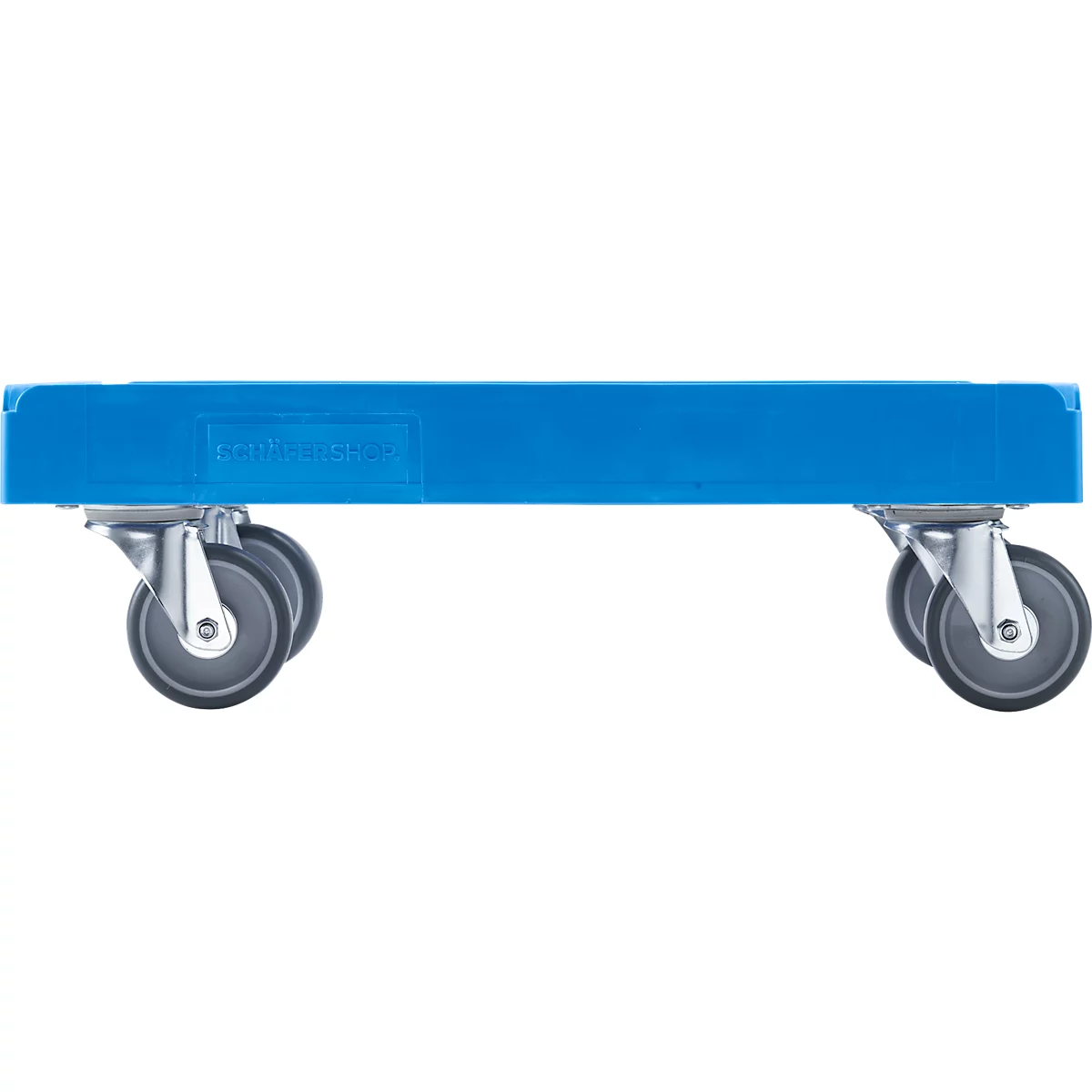 Blue furniture dolly with four gray wheels attached under a flat platform.