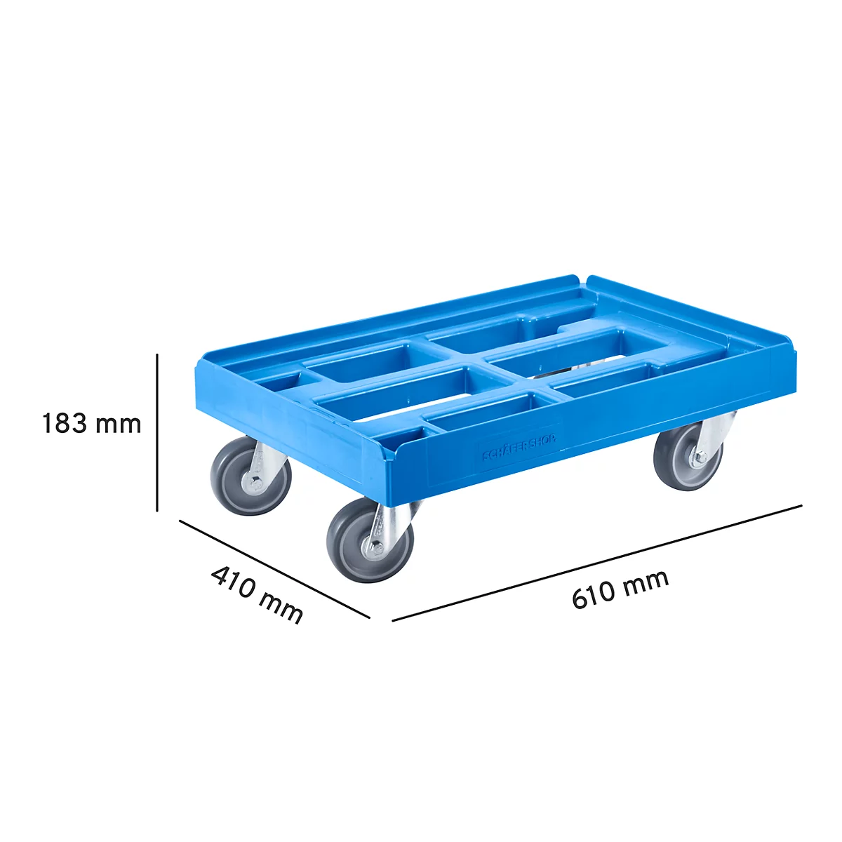 Blue transport trolley with four wheels, length dimensions: 610 mm, 410 mm and 183 mm.