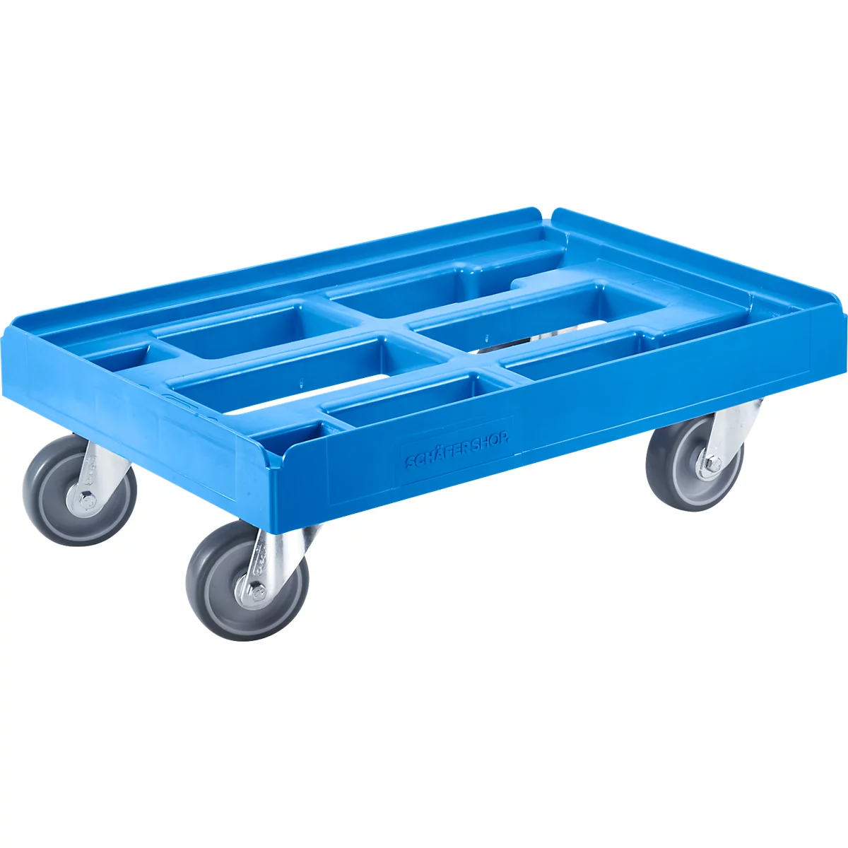 Blauer Rollwagen mit vier grauen Rädern. Die Ladefläche hat ein offenes, rechteckiges Design.