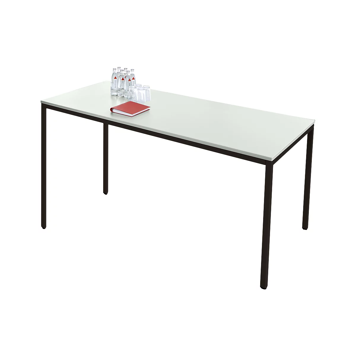 Rectangular conference table with a white tabletop and black legs. On top are water bottles, glasses, and a red notebook.