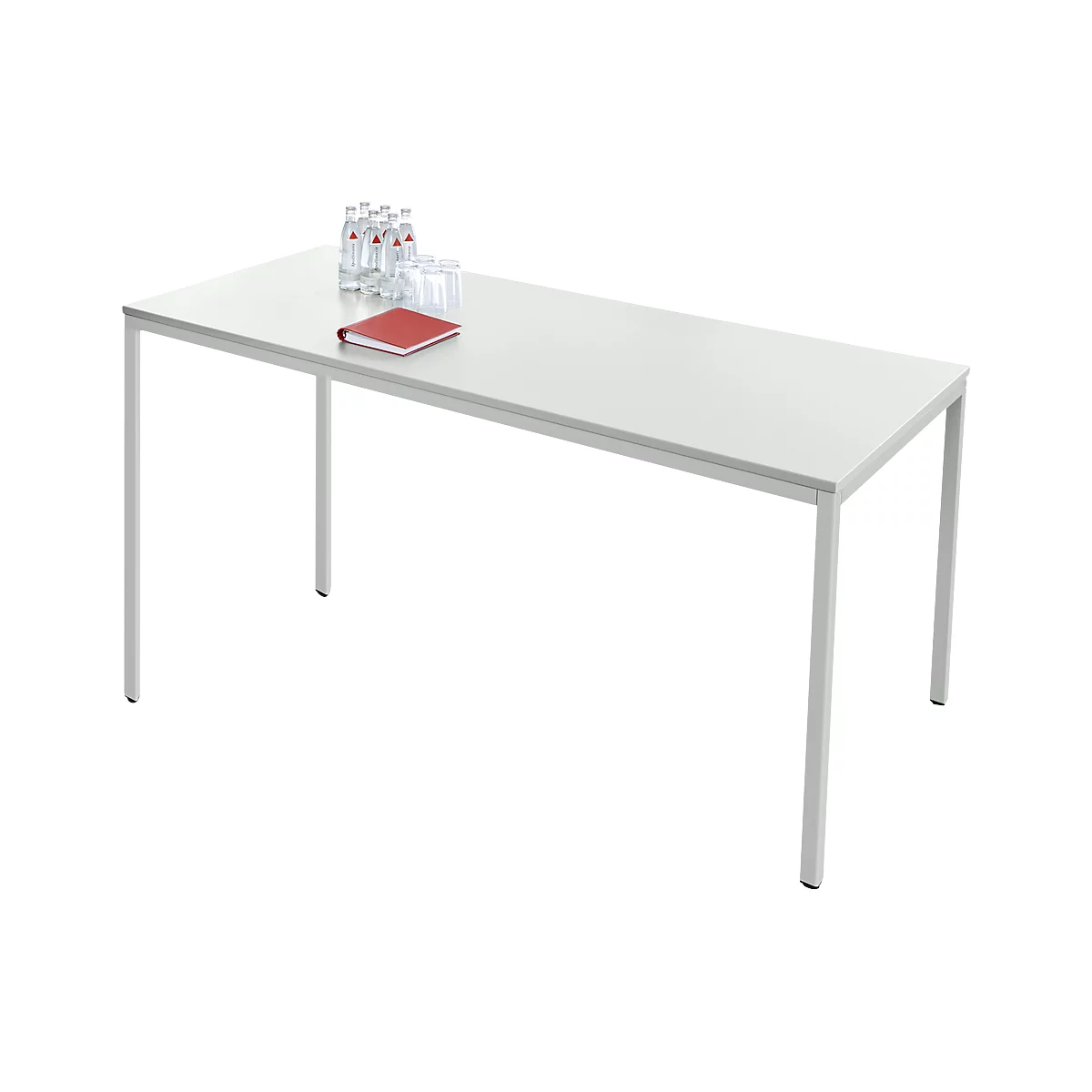 White table with drinks and notepad. Rectangular legs.