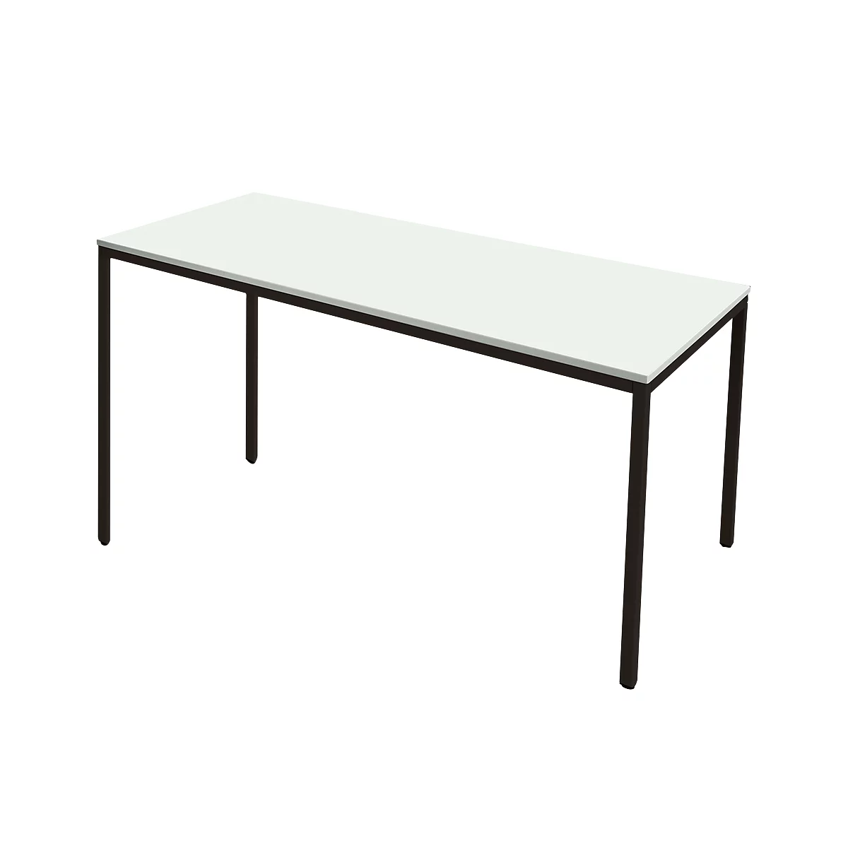 Rectangular desk with white tabletop and black frame. The legs are also black.