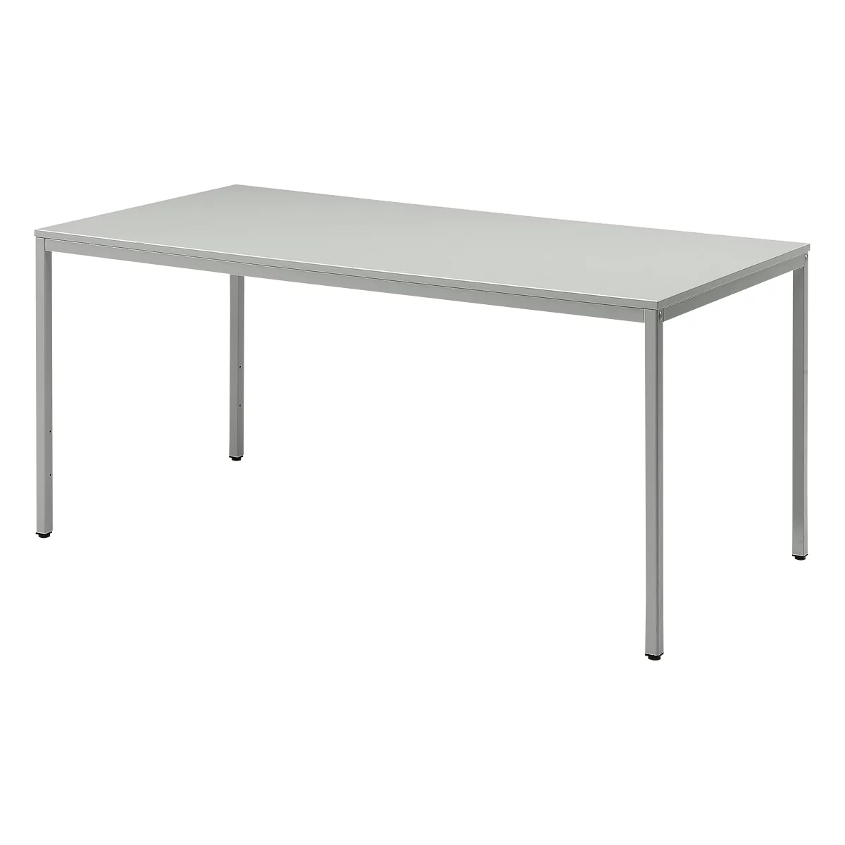 Gray rectangular table with four slender legs. Clean lines, minimalist design.