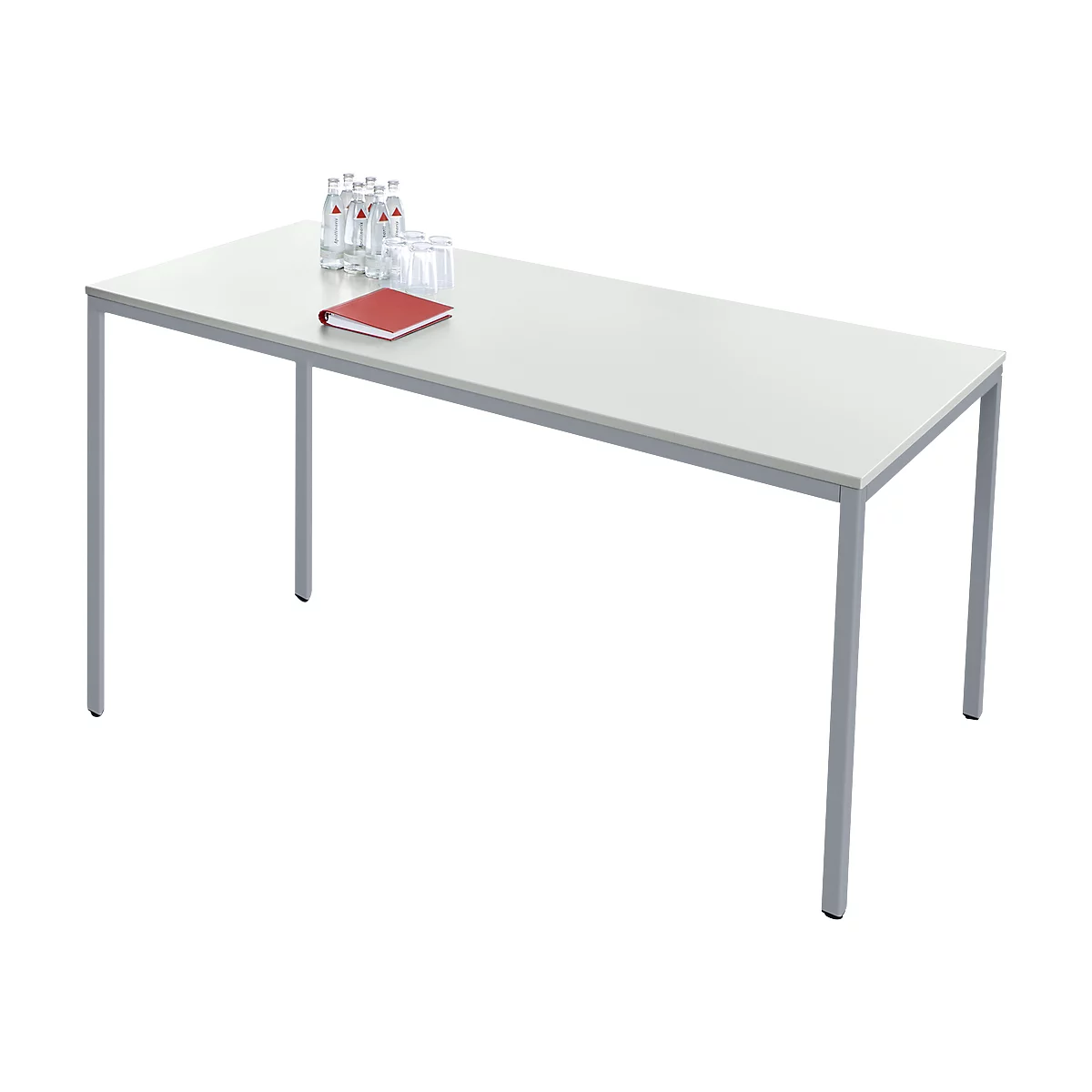 White conference table with grey legs, drinks and a notepad on top.