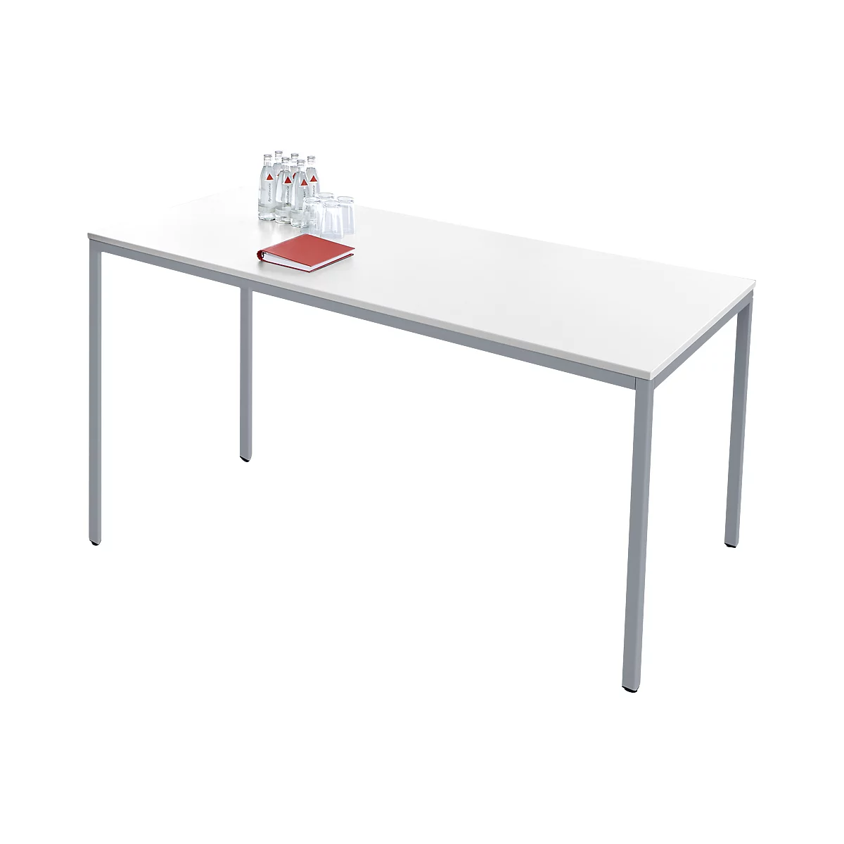 White conference table with silver legs, on which are water bottles, glasses and a red notebook.