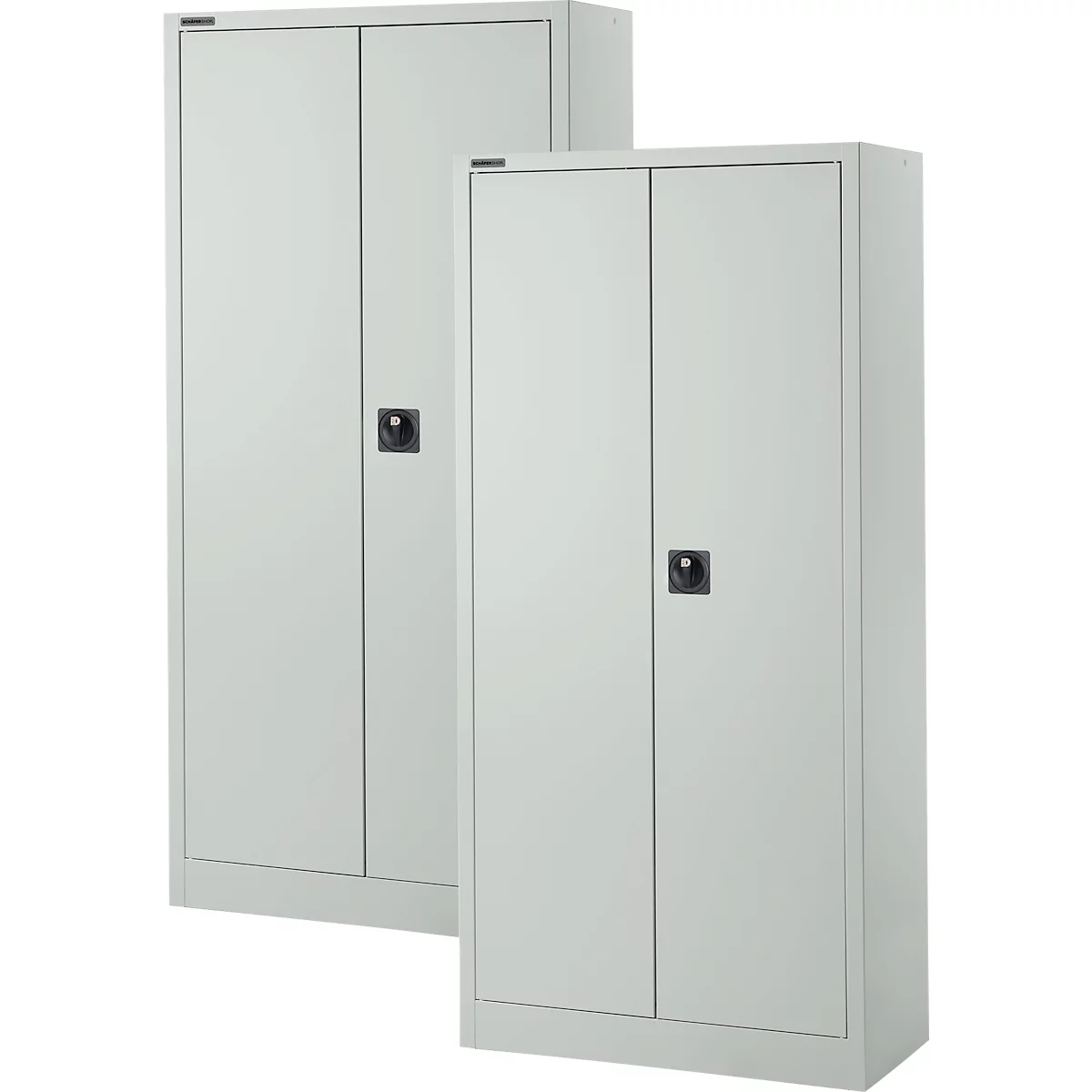 Two gray cabinets with double doors and black handles stand side by side.